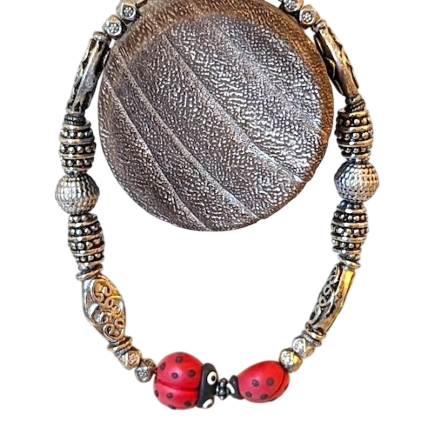 Kissing Ladybugs Silver Tone Beaded Toggle Bracelet