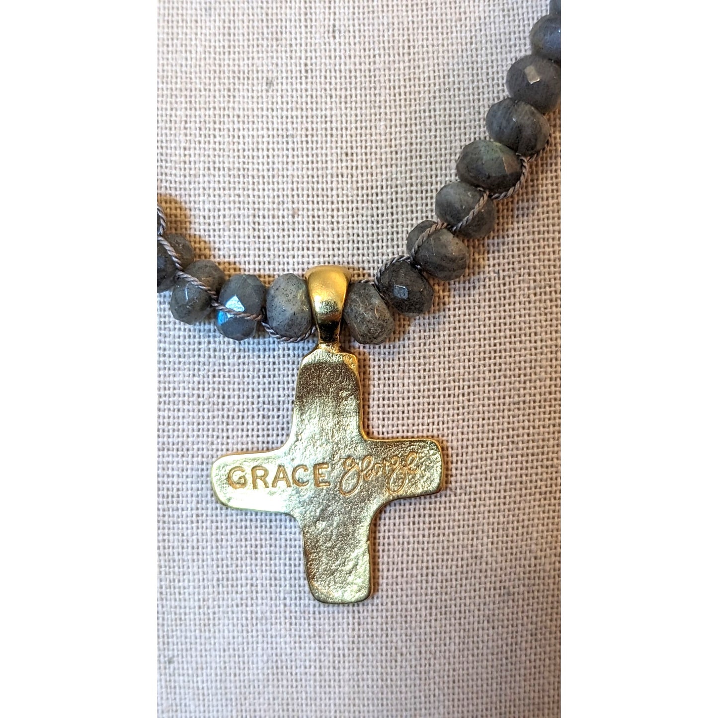 Grace George Gray Faceted Glass Bead Necklace W/ Chunky Gold Tone Cross Pendant