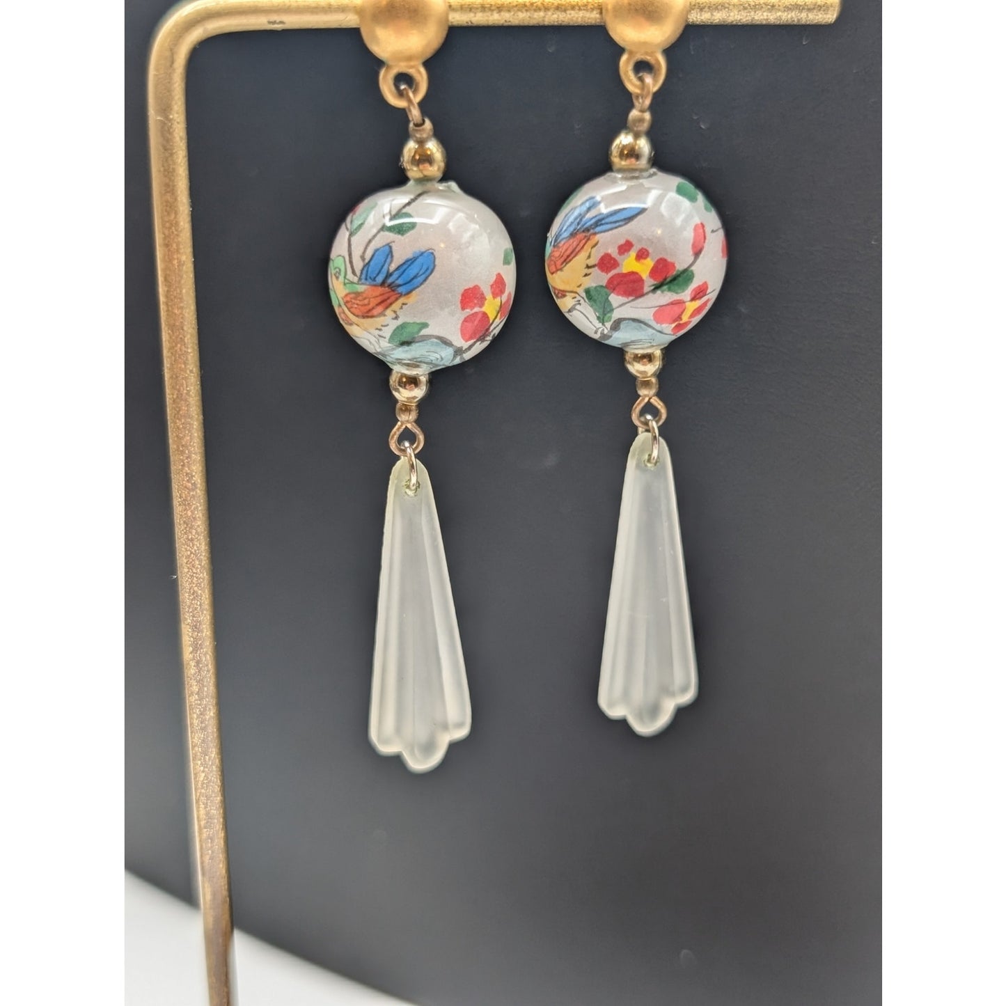 Vintage Japanese Painted Glass Bead White Frosted Dangle Earrings