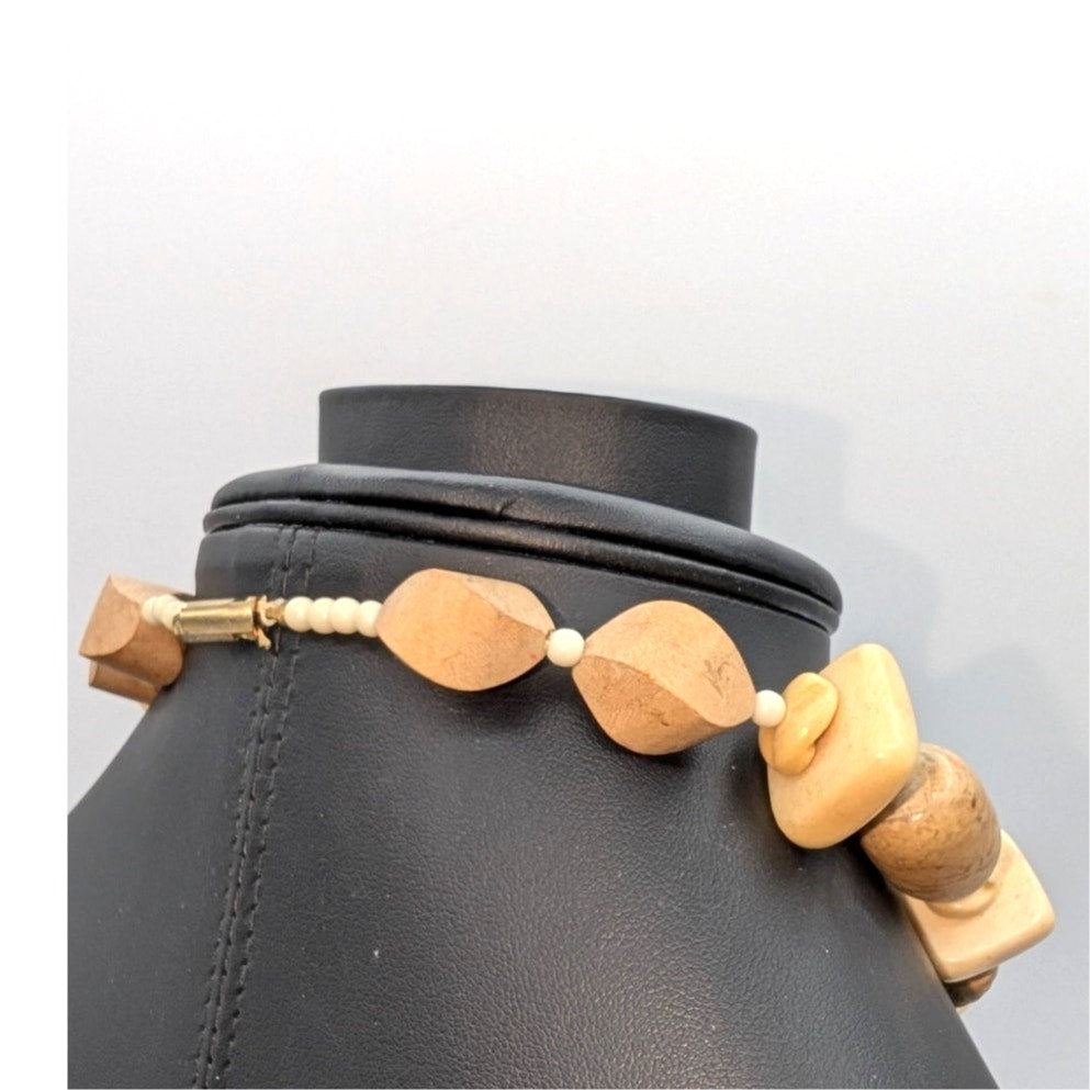 Vintage Chunky Neutral Tones Glass & Wood Beaded 17" Choker Necklace