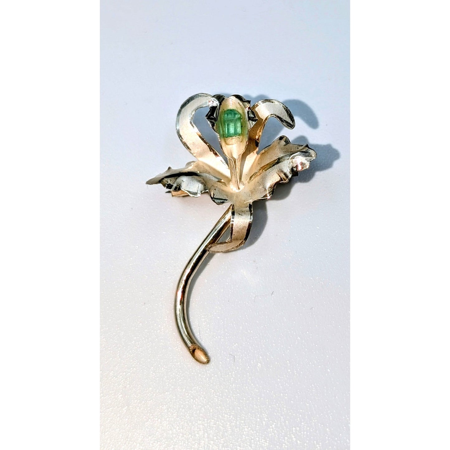 Vintage/Antique 900 Silver Green Stone Center Lightweight Orchid Flower Pin