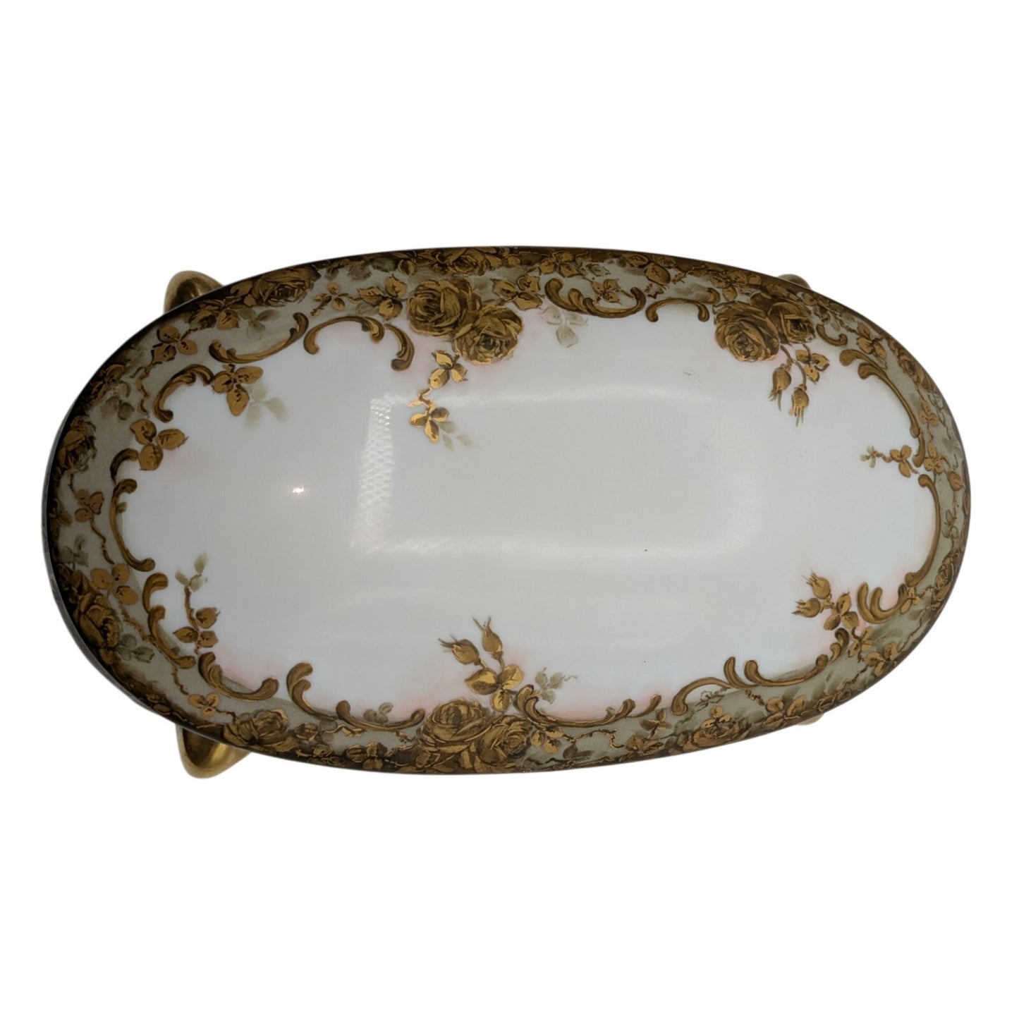 Vtg/Antique Signed Louise Gold Footed China Oval Hand Painted Trinket Box