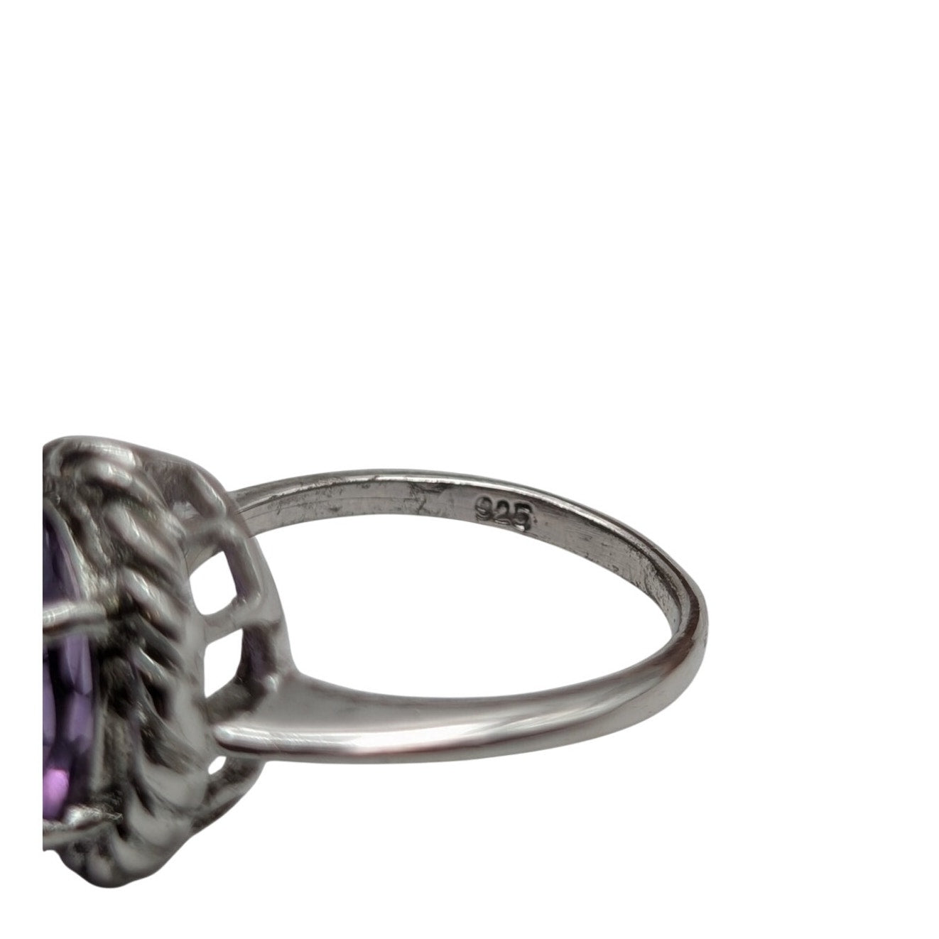 925 Sterling Silver Lg Oval Facet Cut Amethyst Twisted Rope Surround Ring Sz 7