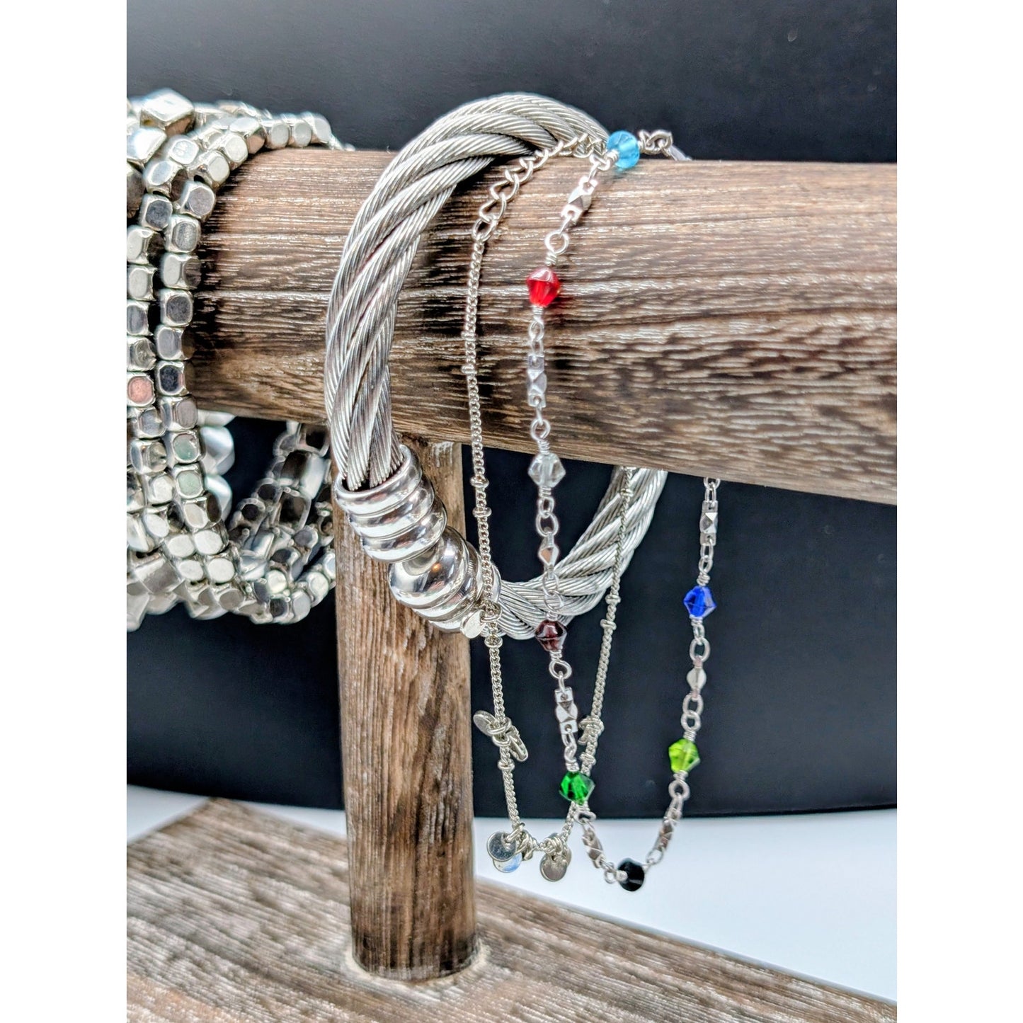 Lot of Nine Silver Tone Stretch Cuff & Beaded Chain Bracelets