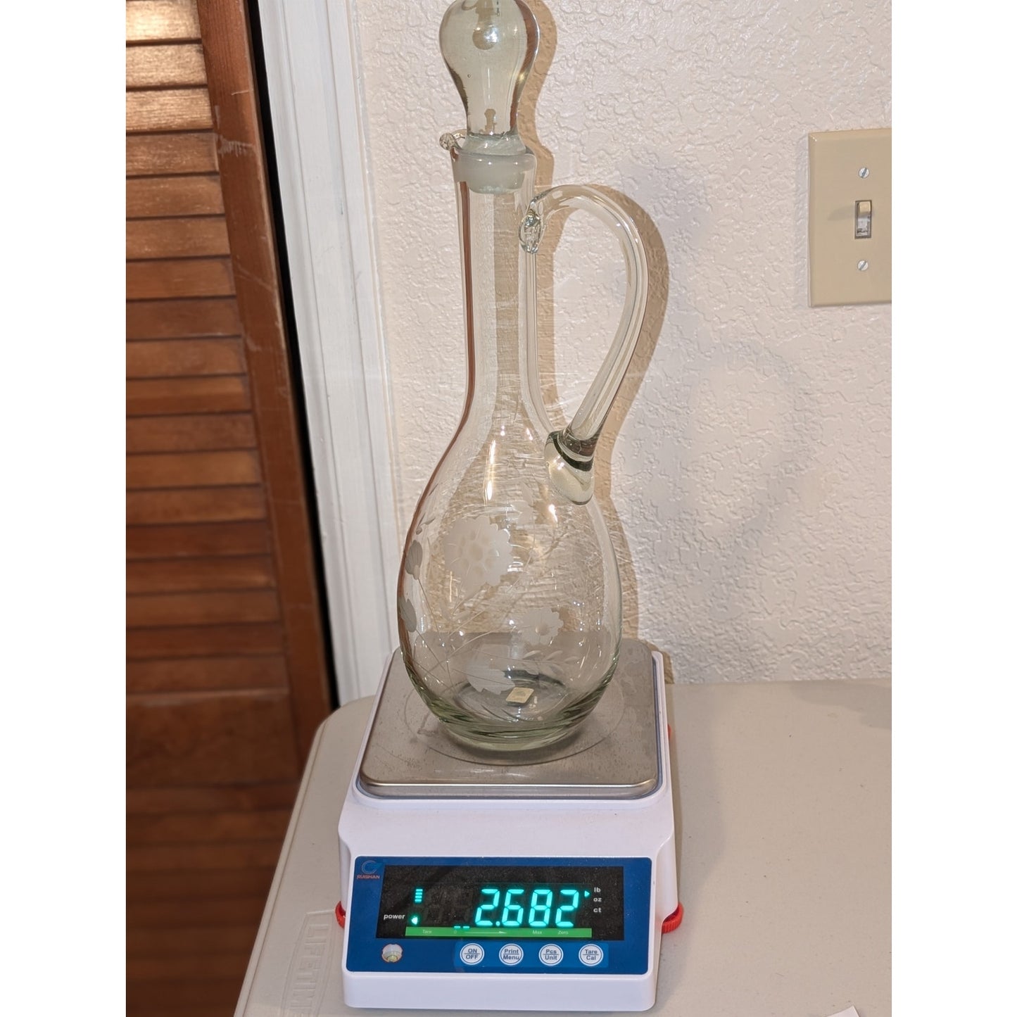 Vintage Made in Peru Floral Etched Glass Tall Decanter W/ Stopper