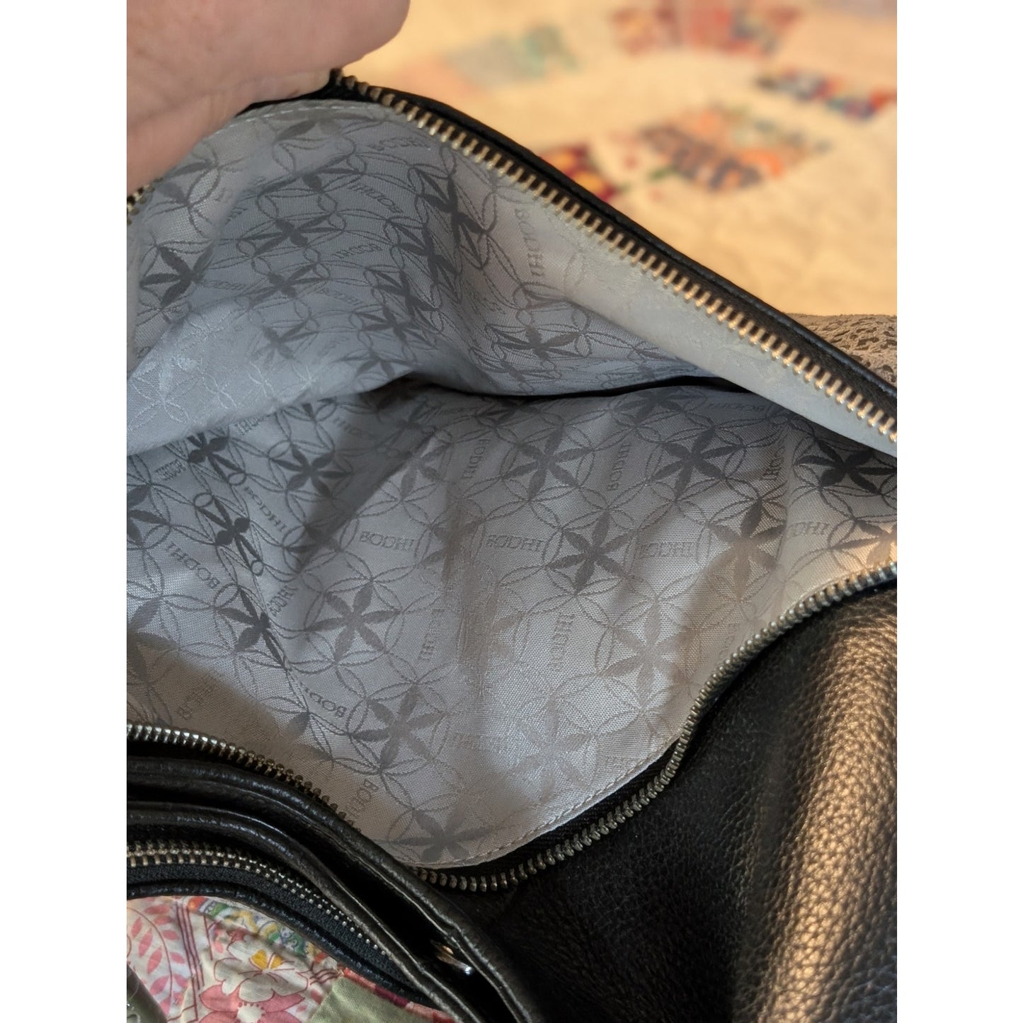 BODHI Black Leather Silver Subtle Metallic Leopard Hobo Bag