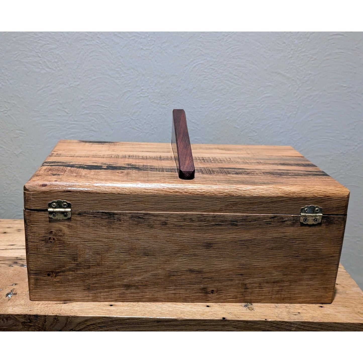 Hand Crafted Hinged Oak Box W/ Purple Heart Wood Handle Approximately 8" X 13.5"