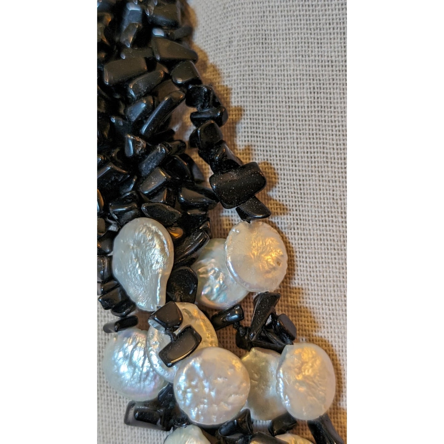 Six Strand White Coin Pearl Black Onyx Chip Sterling Slide In Clasp Necklace