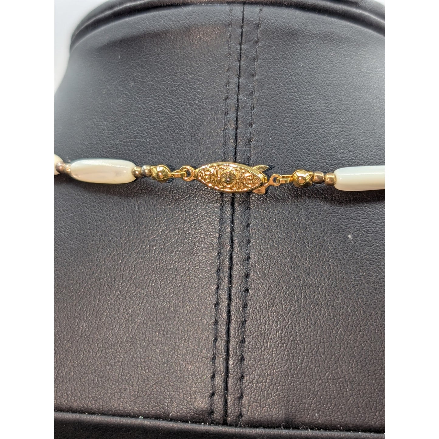 Vintage Elongated MOP & Gold Tone Bead 25" Necklace W/ Hook Slide in Clasp