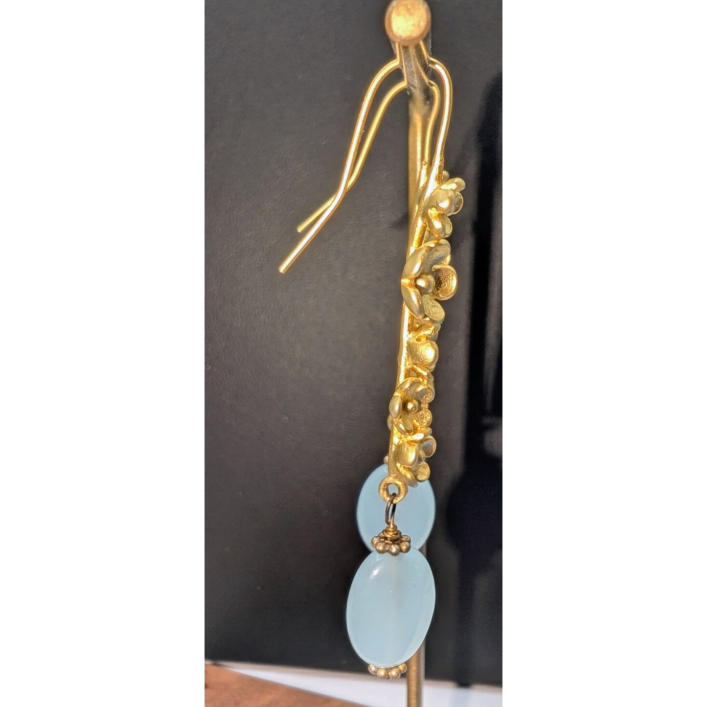 Brushed Gold Tone Flower Drop Chalcedony Glass Bead Pierced Earrings