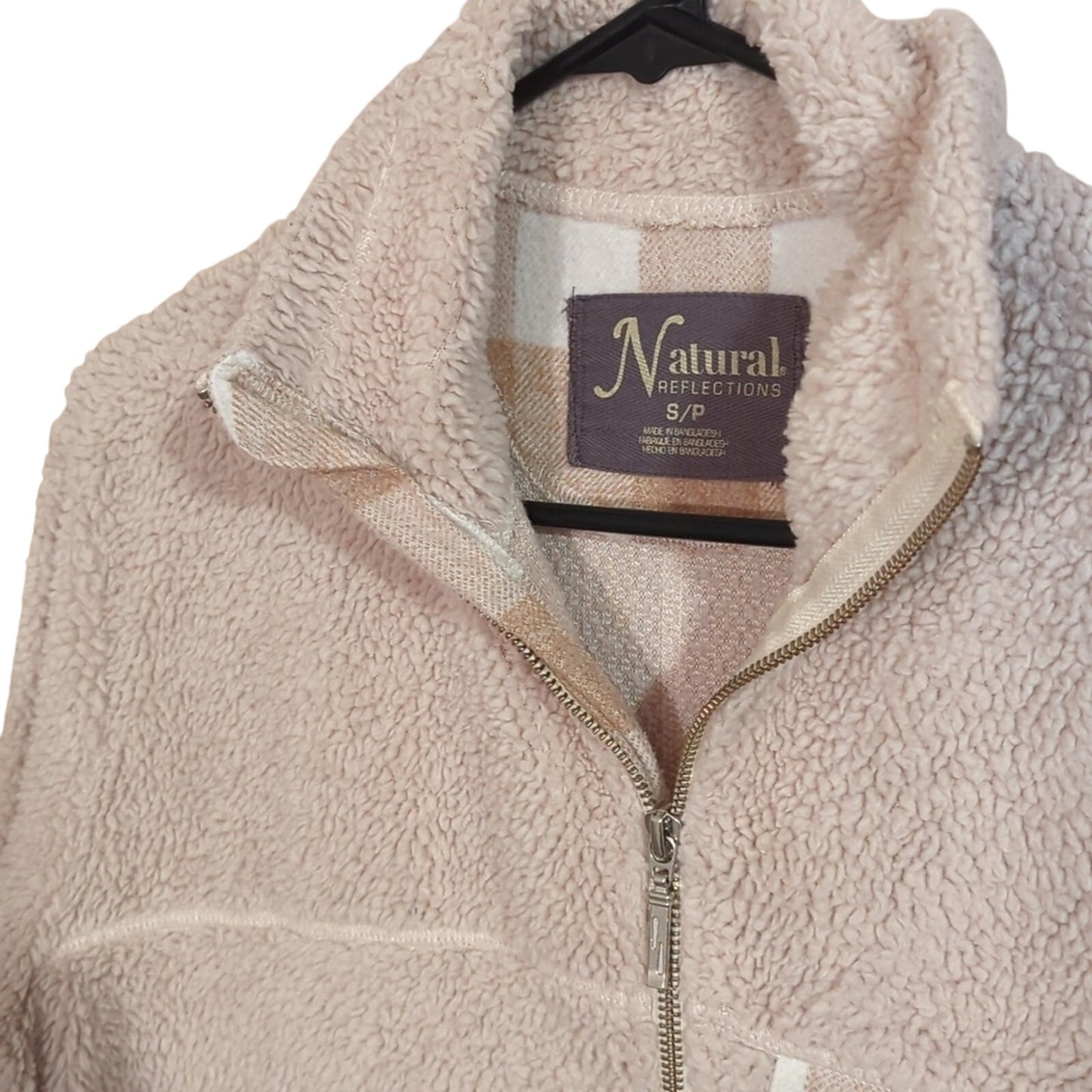 Natural Reflections Oatmeal Sherpa Plaid Trim Quarter Zip Pullover Women Sz S/P