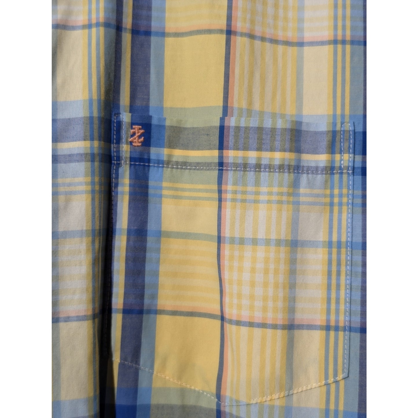 Izod Yellow Blue Plaid Short Sleeve Button Down Shirt Mens Sz L