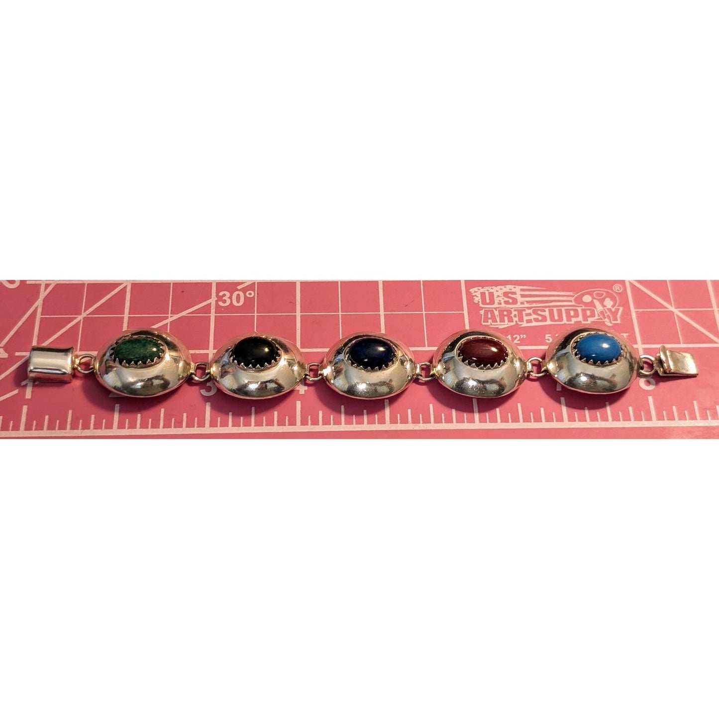 Vintage Mexico Signed 925 Sterling Multi-Stone Domed Link Bracelet