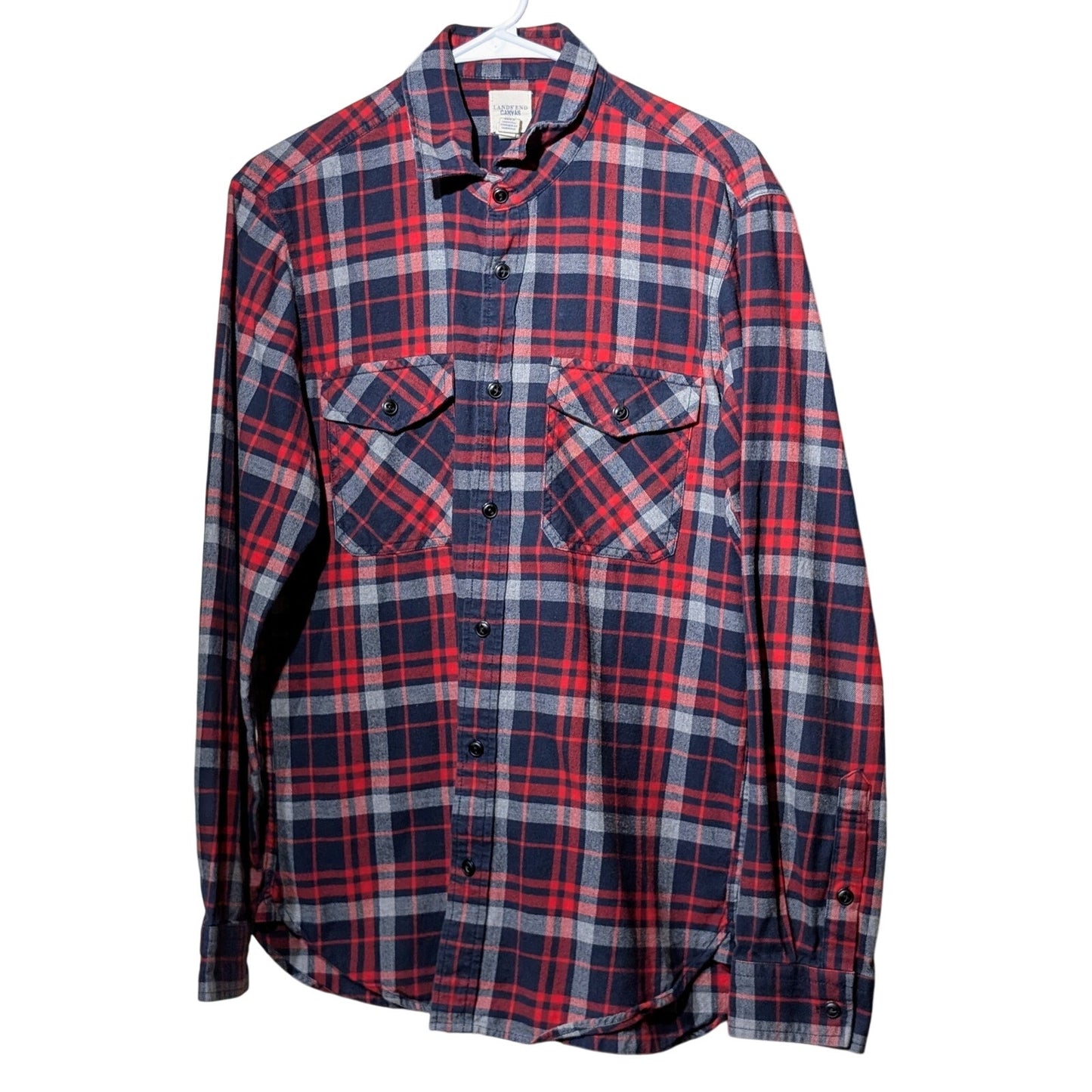 Lands' End Canvas Cotton Red Navy Plaid Pocket Flannel Button Up Shirt Mens M