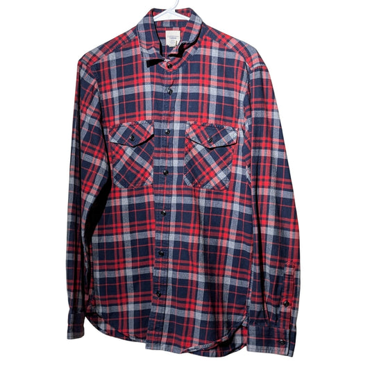 Lands' End Canvas Cotton Red Navy Plaid Pocket Flannel Button Up Shirt Mens M
