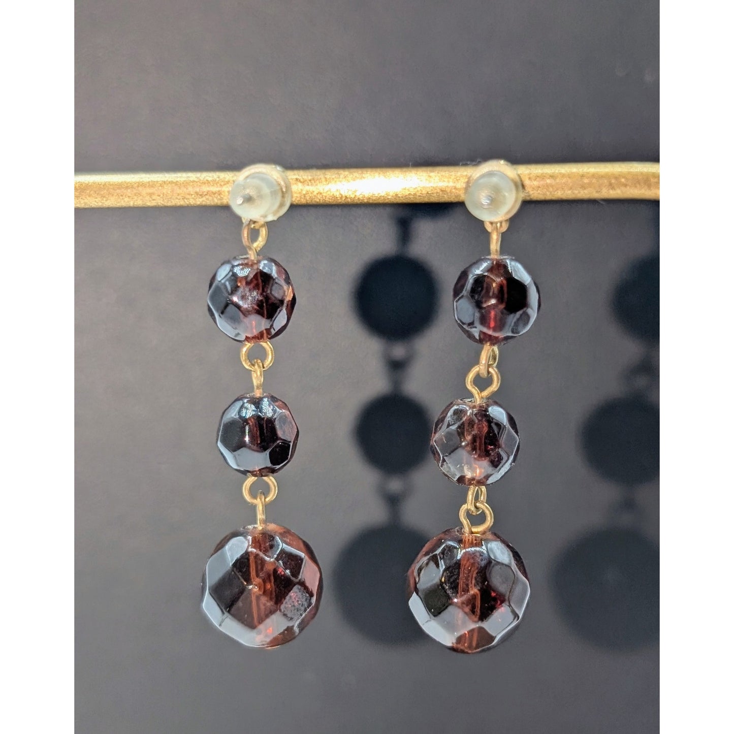 Vintage Gold Tone Faceted Three Brown Glass Bead Dangle Earrings