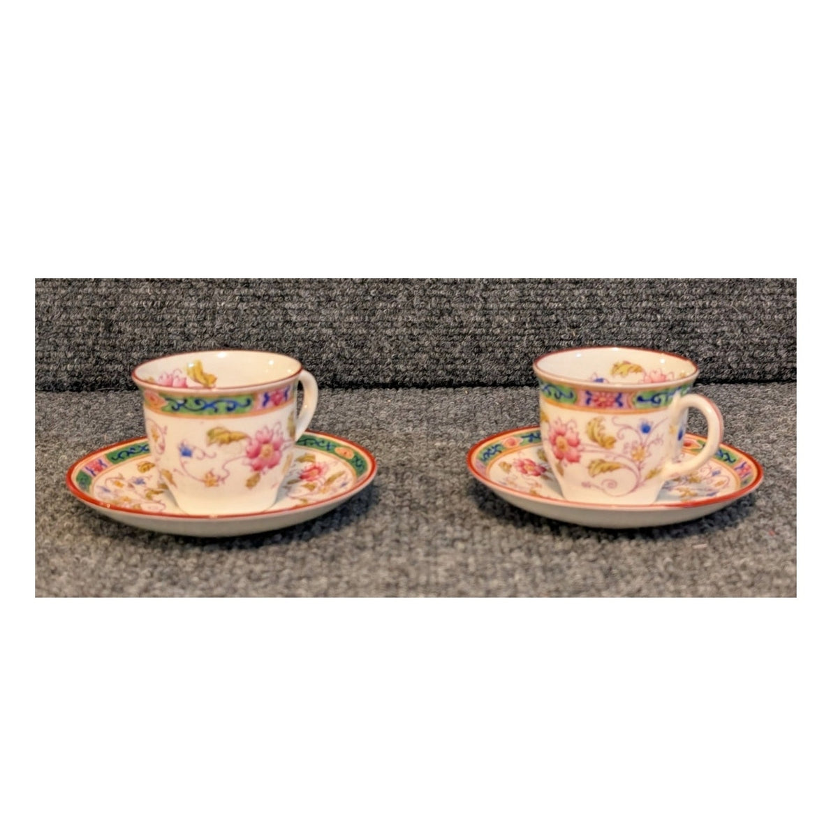 Vintage Royal Chelsea England Tennyson Pink Green Set of 2 Tea Cups & Saucers