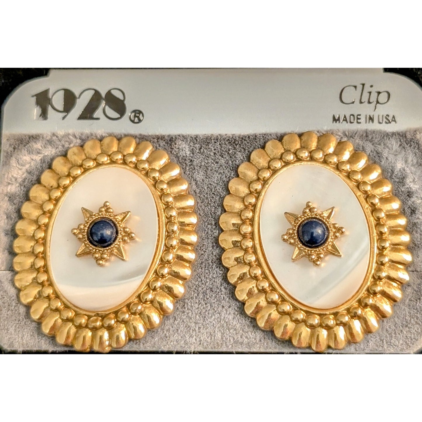NWT Vintage 1928 Mother of Pearl Blue Stone Clip On Earrings