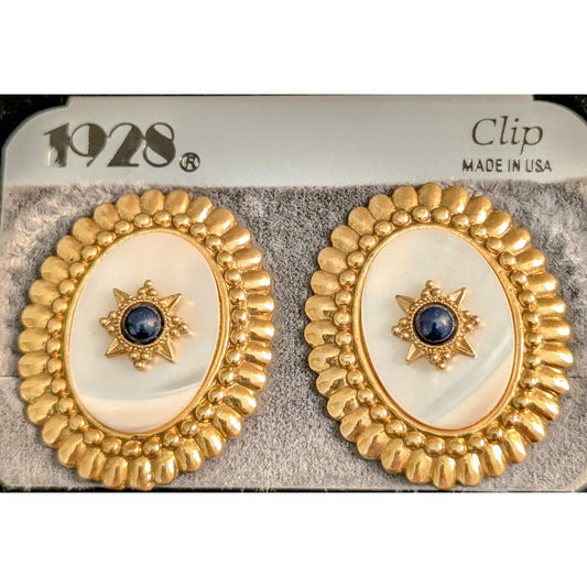 NWT Vintage 1928 Mother of Pearl Blue Stone Clip On Earrings
