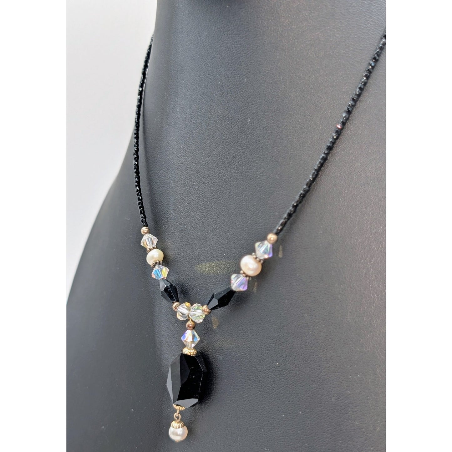 Black Glass Seed Beads & Pendant Bicone Clear & Black Crystal & Pearl Necklace
