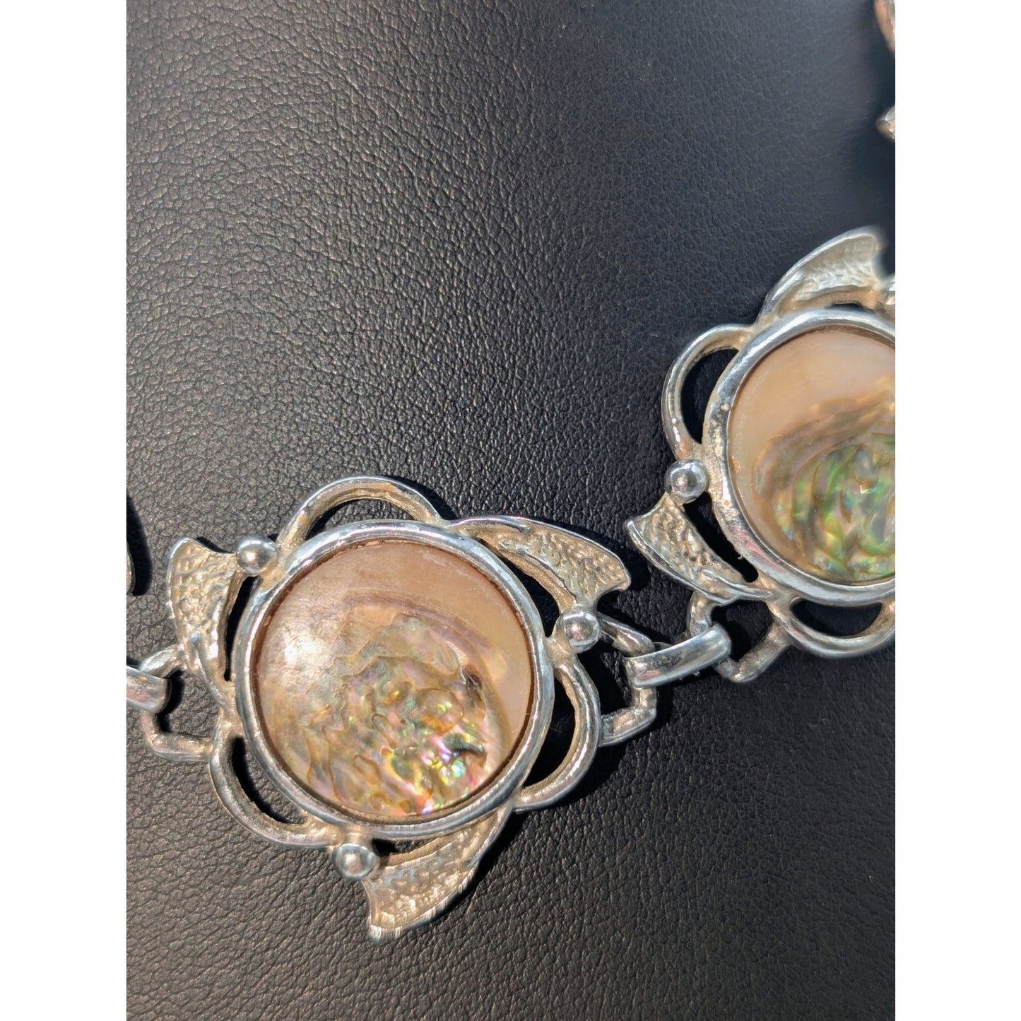 Vintage Silver Tone Abalone Shell Station Chain Hook Clasp 15" Choker Necklace