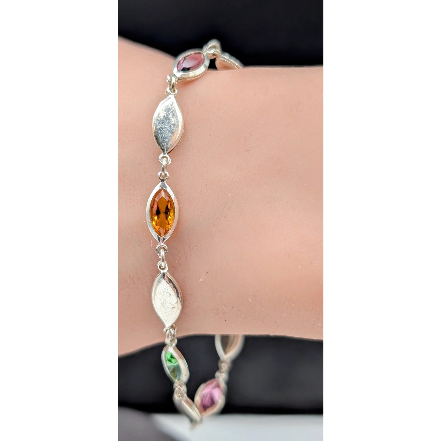 VTG Looks Like 'Powel'l 925 Sterling Silver Cut Glass Marquis Station Bracelet