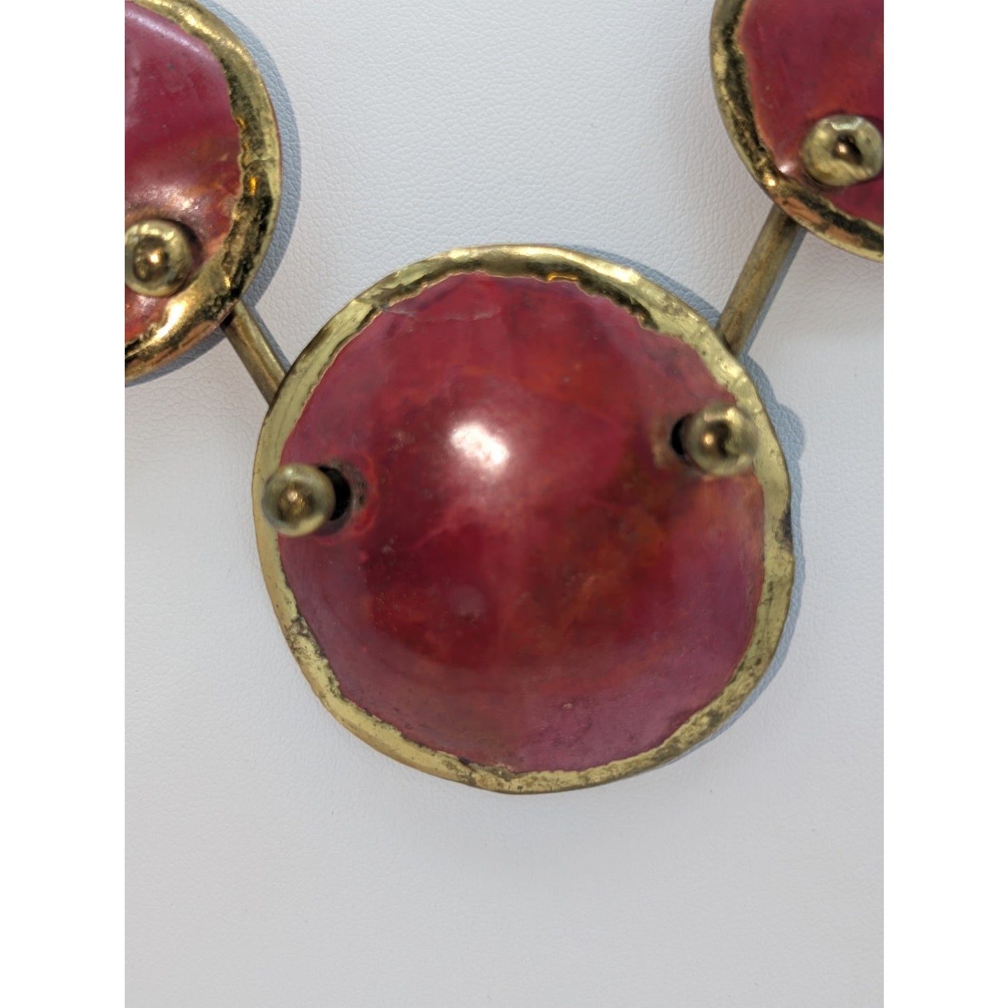 Vintage Modernist Brutalist Red Enamel Brass Disk Artisan Handmade 20" Necklace