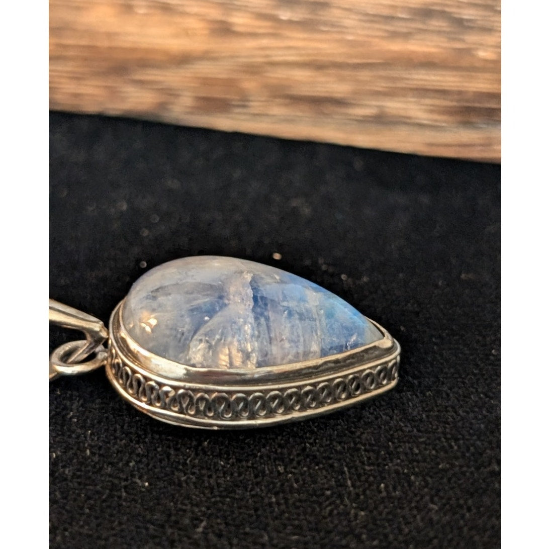 Blue Moonstone Teardrop Bali Wire Solid 925 Sterling Pendant Rope Chain Necklace