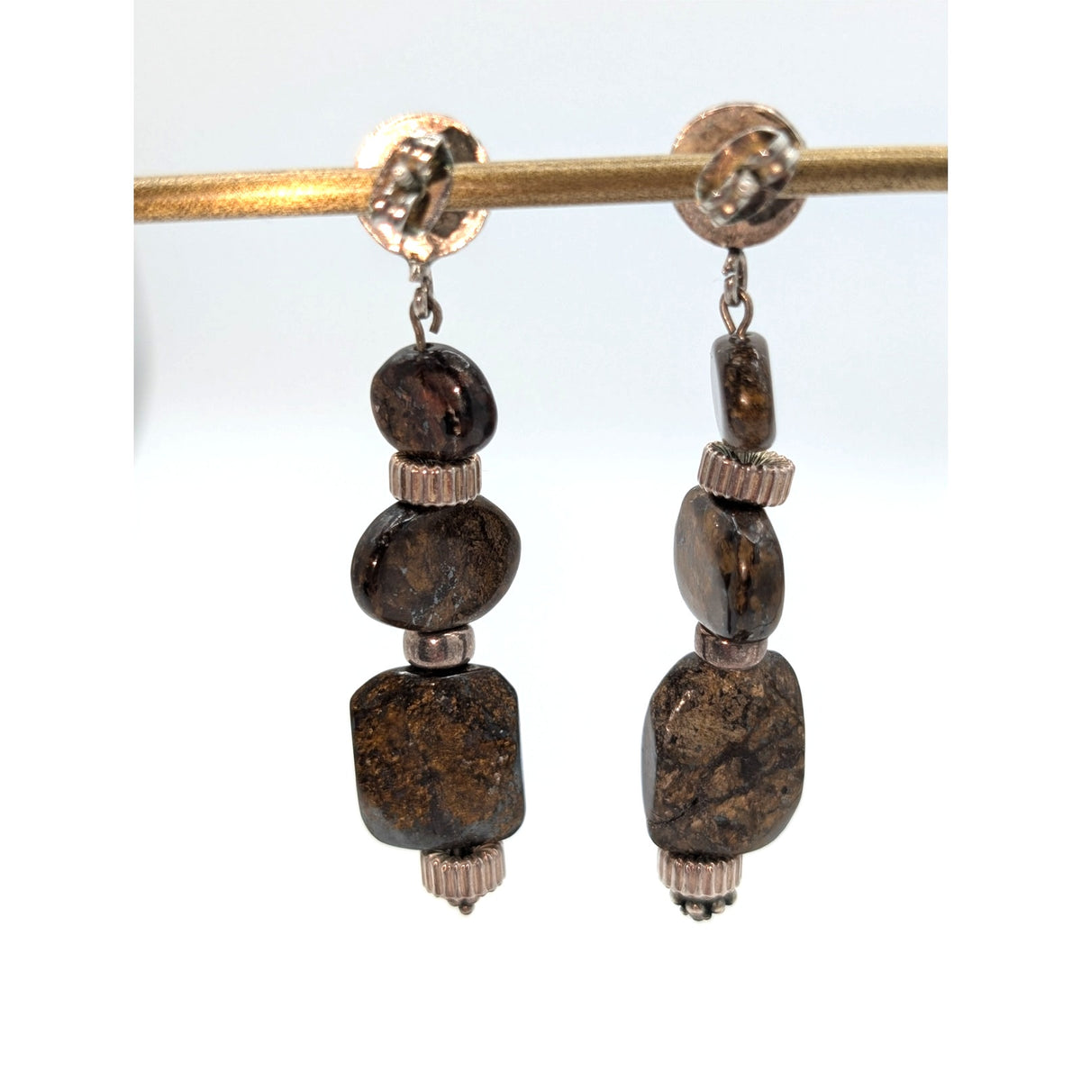 Vintage Brown Stone Sterling Silver Dangle Bead Post Earrings