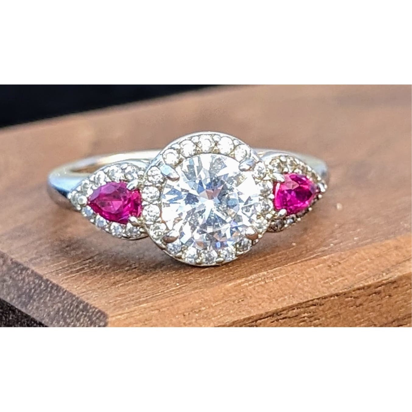 925 Large Round CZ & Lab-Created Ruby Trillion Accent Stone Engagement Ring Sz 8