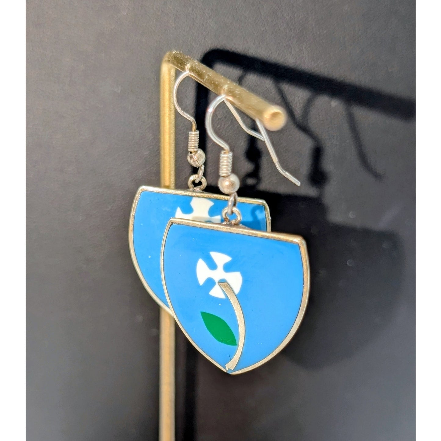 Vintage Alpaca Mexico Blue Floral Enamel Shield Dangle Earrings