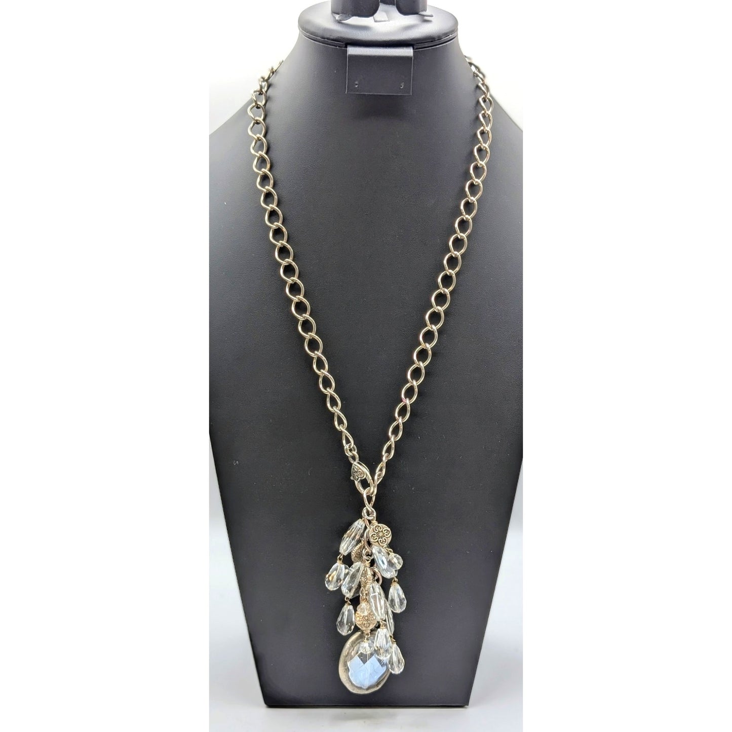 Chunky Silver Tone Faceted Crystal and Glass Cluster Tassel 27" Chain Necklace