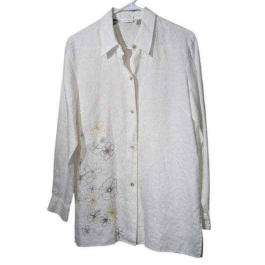 Vtg Richard Malcolm Irish Linen Ecru Embroidered Flowers Button Front Shirt Sz M