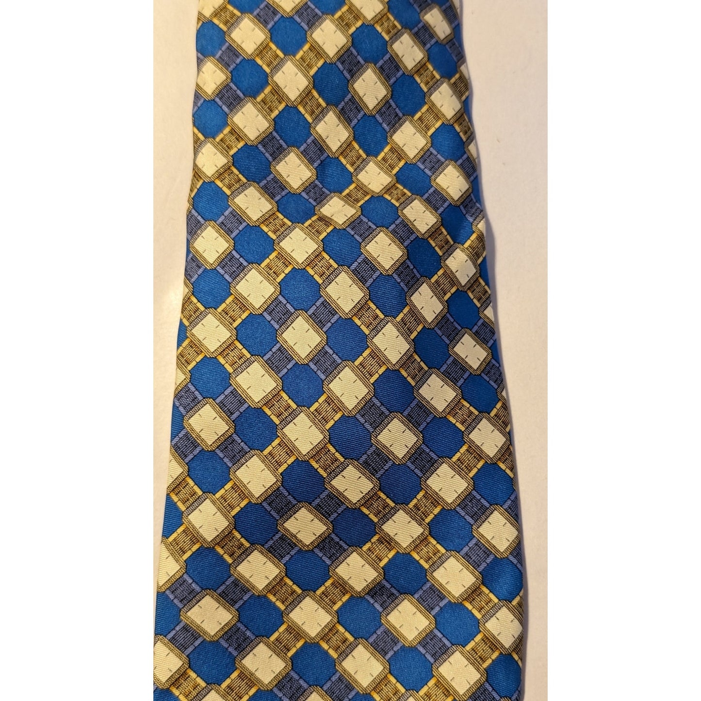 Piaget Silk Vintage 100% Silk Blue Gold Geometric Design Neck Tie