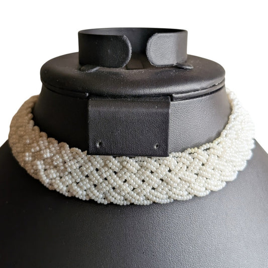 Antique White Seed Bead Braided Hook Clasp Choker 14"-16" Necklace
