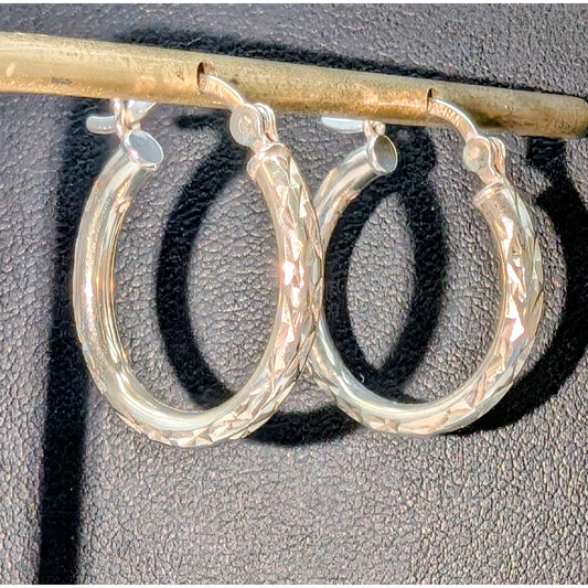 Vintage HAN 3/4" Sterling Silver Diamond Cut Hollow Hoop Pierced Earrings