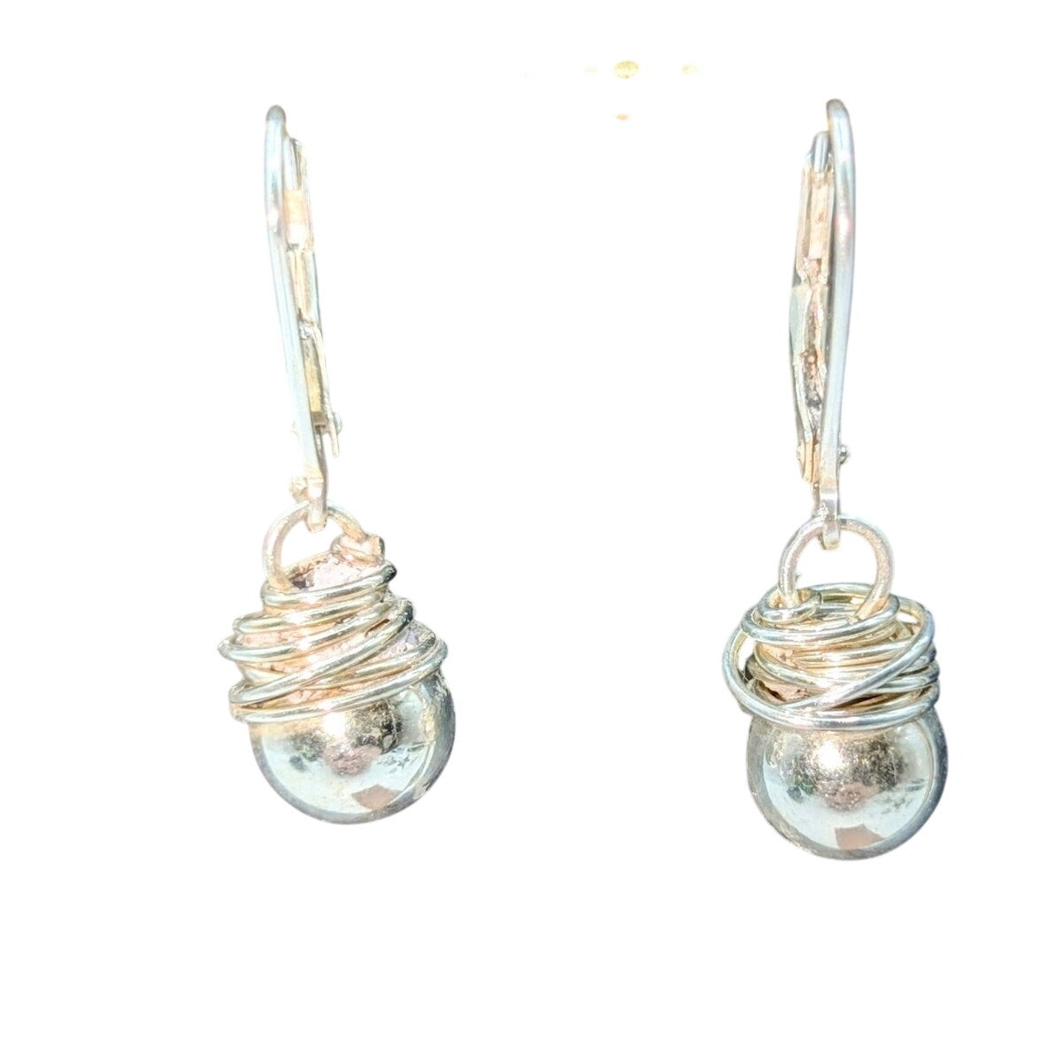 925 Sterling Silver Wire Wrapped Ball Lever Back Dangle Earrings