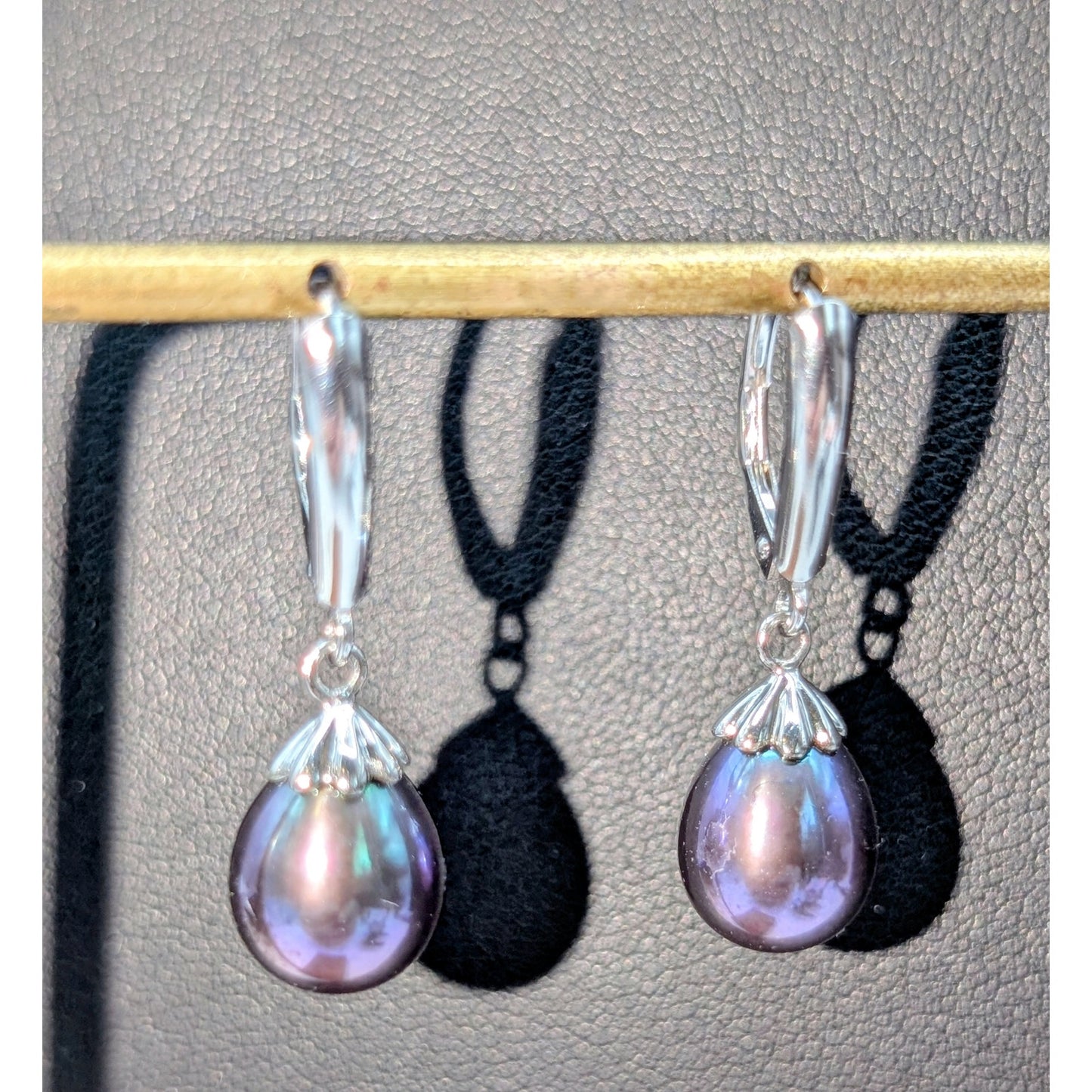 925 Sterling Silver Genuine Purple Teardrop Pearl Lever Back Earrings