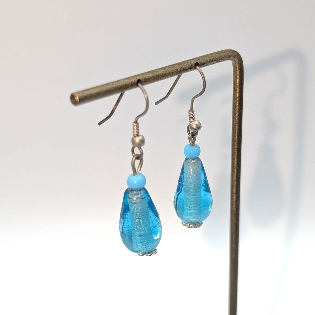 Blue Glass Bead Dangle Silver Tone Wire Earrings