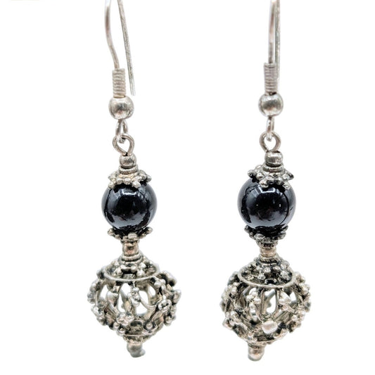 Black Glass & Lacy Silver Tone Ball Bead Dangle Wire Earrings