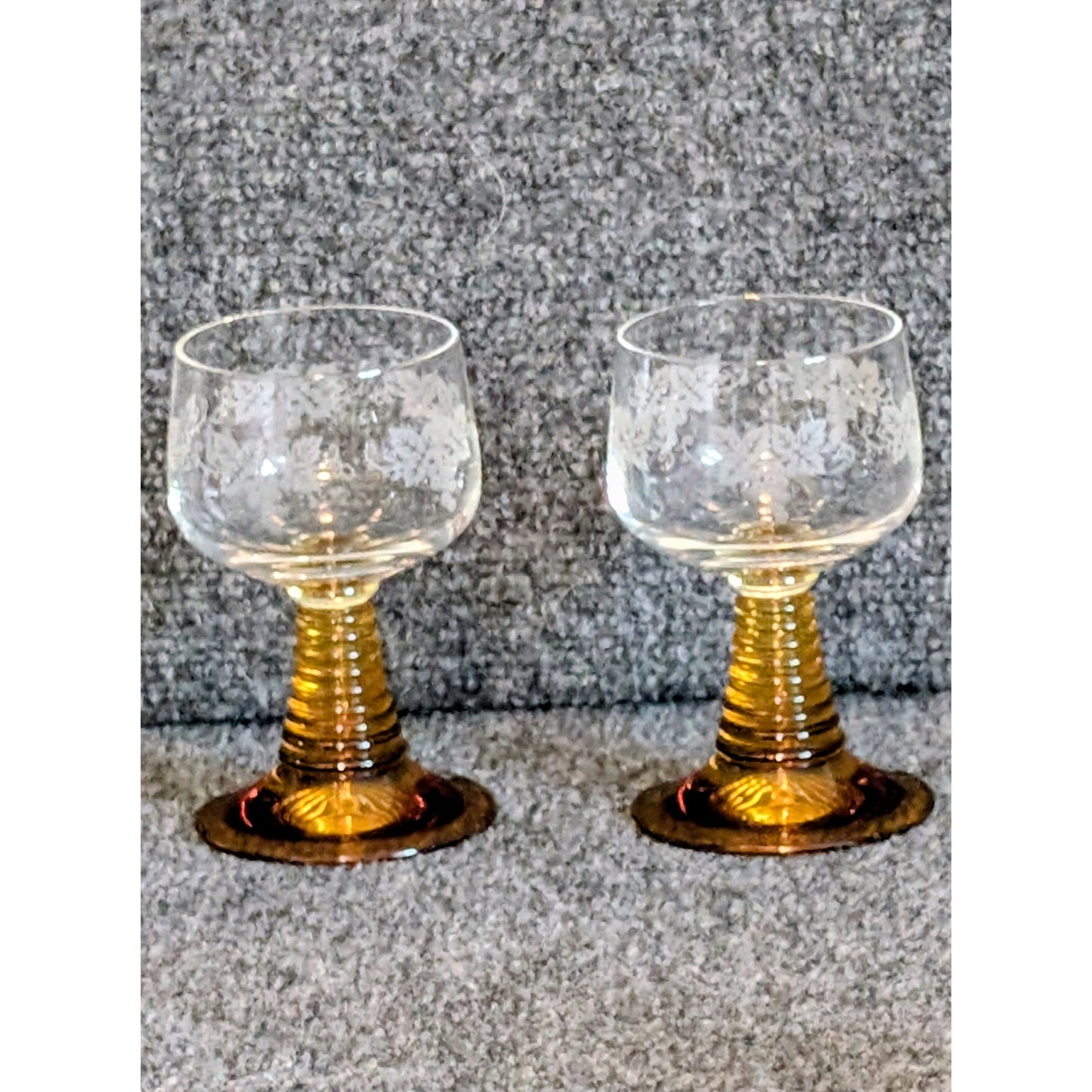 Two German Schott-Zwiesel Etched Grapes & Leaves Amber Stem Roemer Wine Glasses
