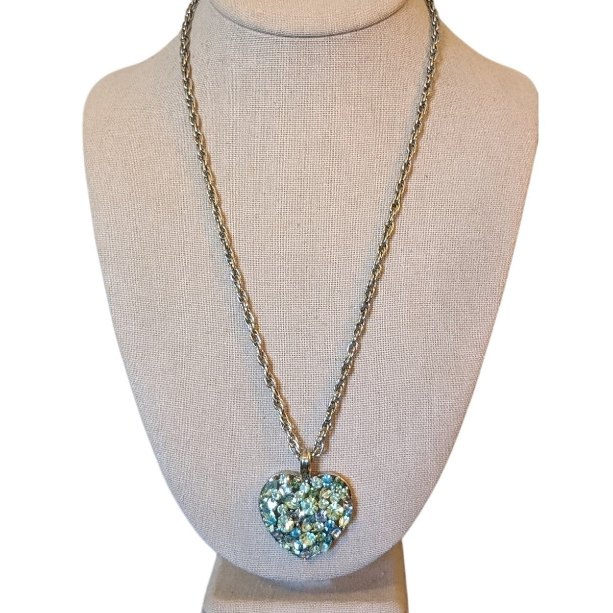 Vintage Blue Green Clear Multi-Shape Crystal Heart Pendant 21" Necklace