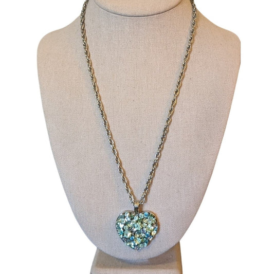 Vintage Blue Green Clear Multi-Shape Crystal Heart Pendant 21" Necklace