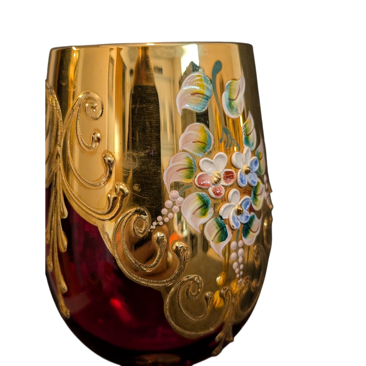 Vintage 50s Red Stemmed Wine Goblet Tre Fuochi Murano Italy Venetian Heavy Gilt