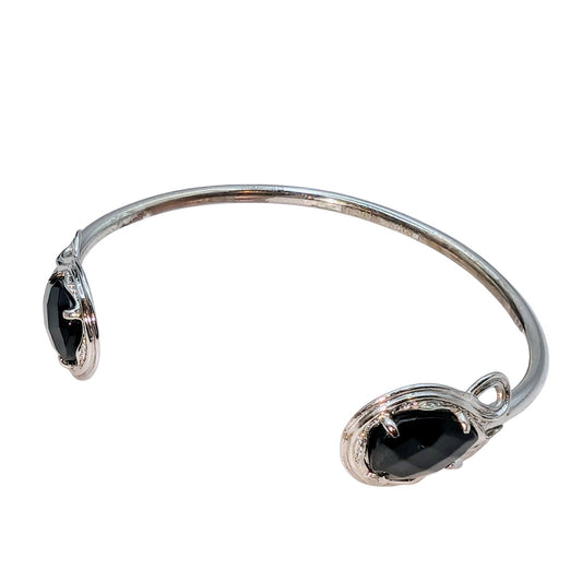 Kendra Scott Andy Bracelet Open Pinch Cuff Silver Tone Faceted Black Stones
