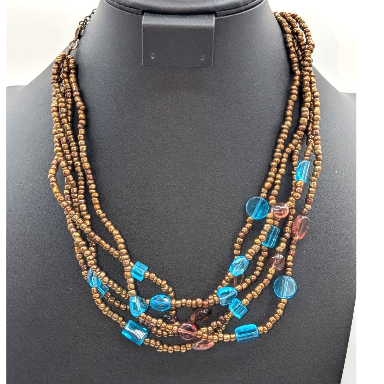Vintage Four Strand Bronze Glass Beaded 16.5"-19" Necklace