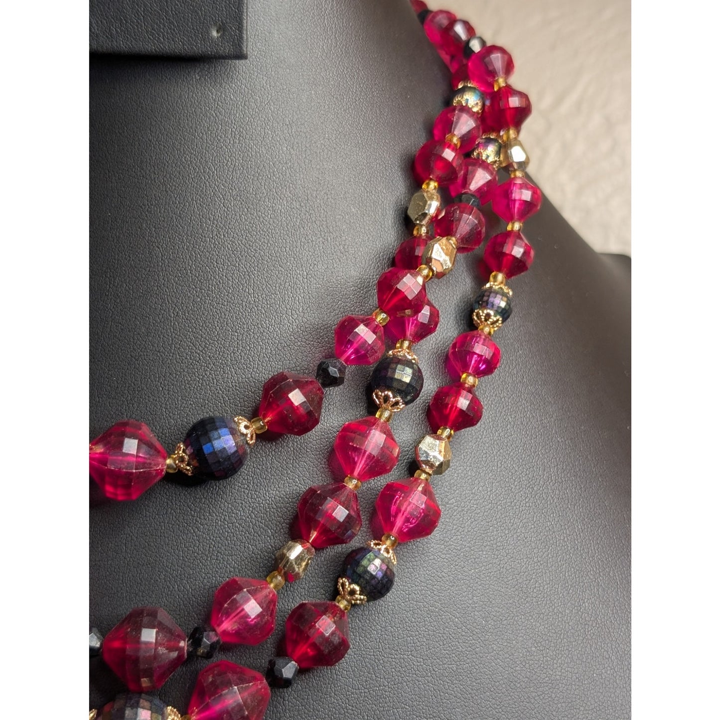 VTG Signed Western Germany Pink Gray Faceted Three Strand Acrylic Bead Necklace