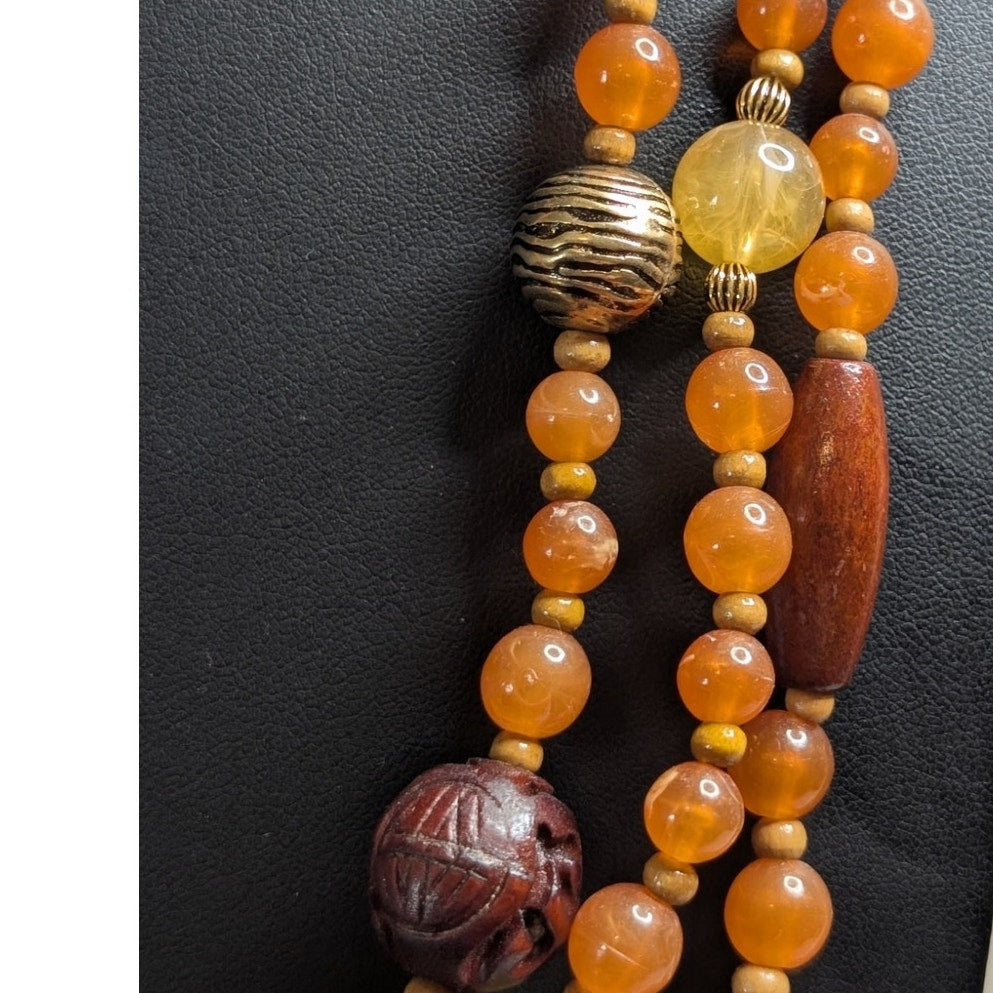 Vintage Signed Avon 3-Strand Faux Amber Carved Cinnabar Wood Bead 35" Necklace
