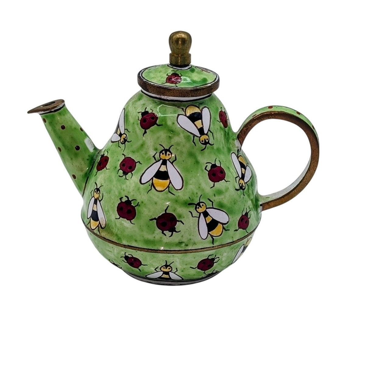 Kelvin Chen Vintage Hand Painted Green Enamel Copper Teapot Ladybugs & Bees