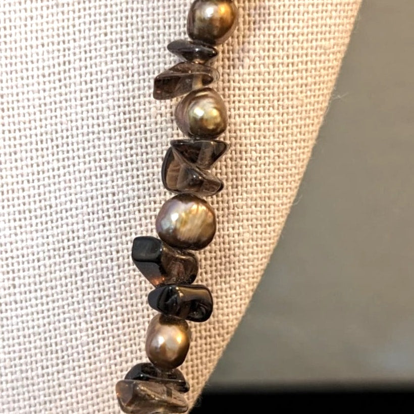 Smoky Quartz Chip Bronze Freshwater Pearl 34" Necklace